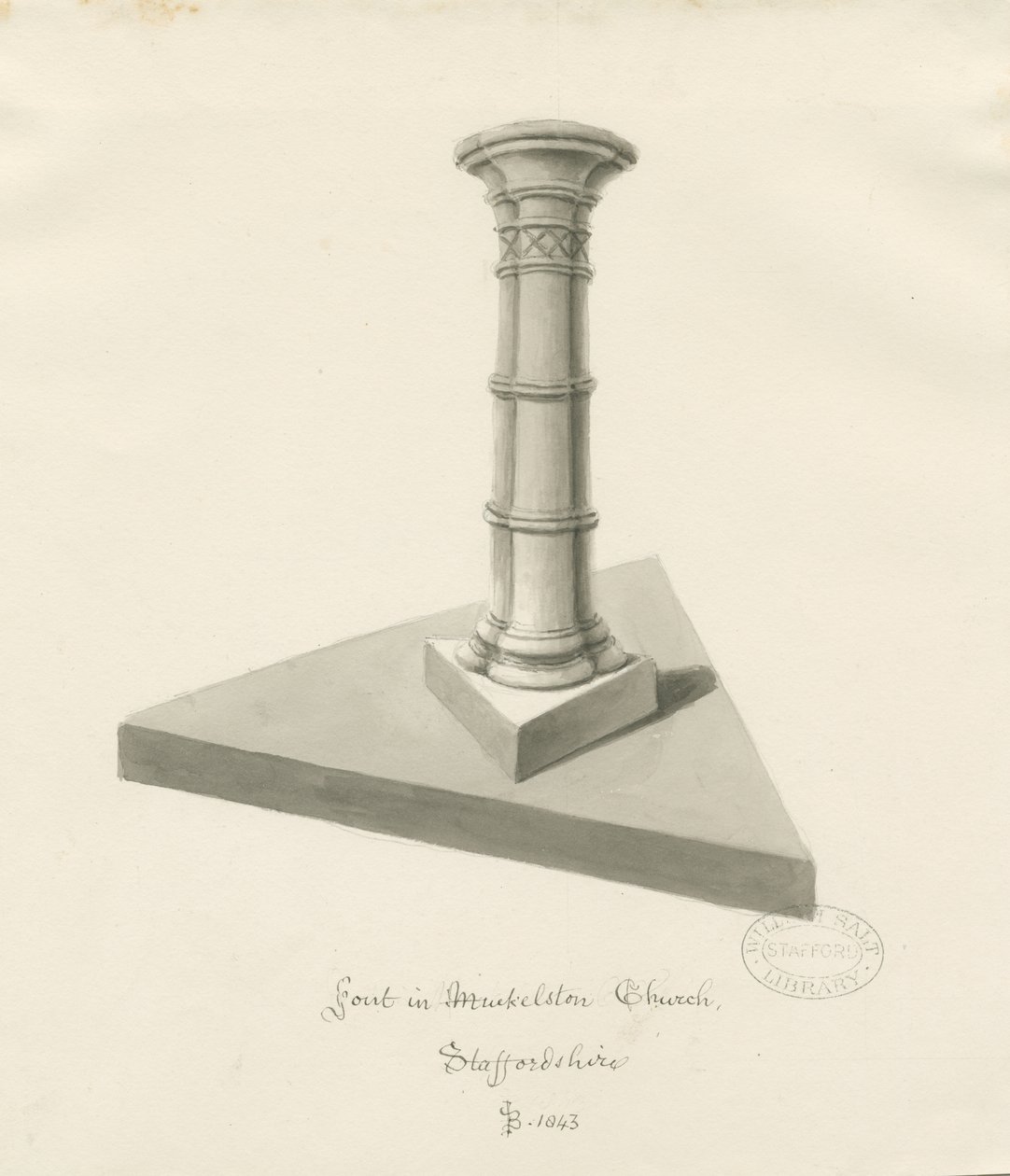 Fonte na Igreja Mucklestone: desenho em sépia, 1843 de John Buckler