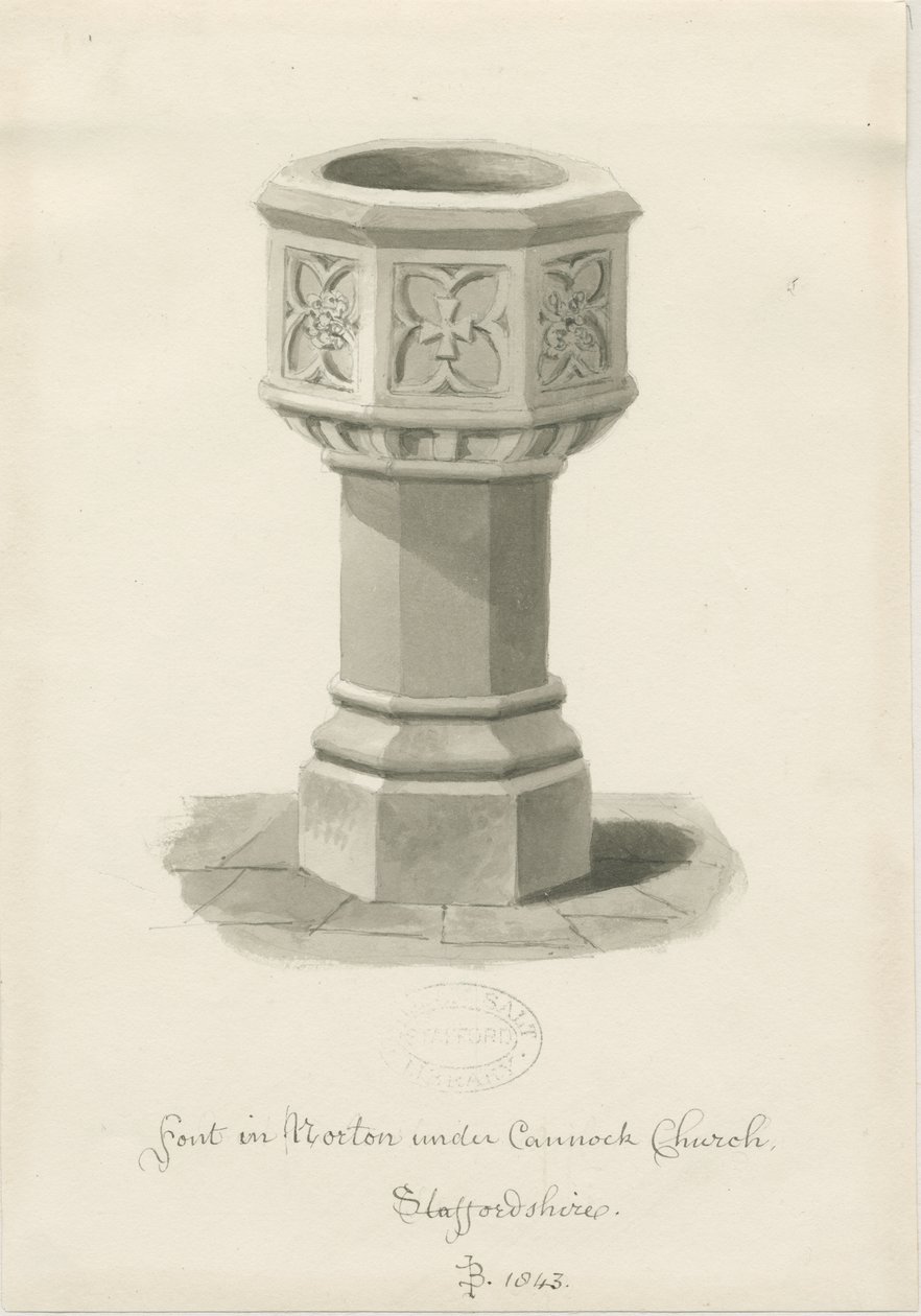 Fonte na Igreja Norton Canes: sépia lavagem desenho, 1843 de John Buckler