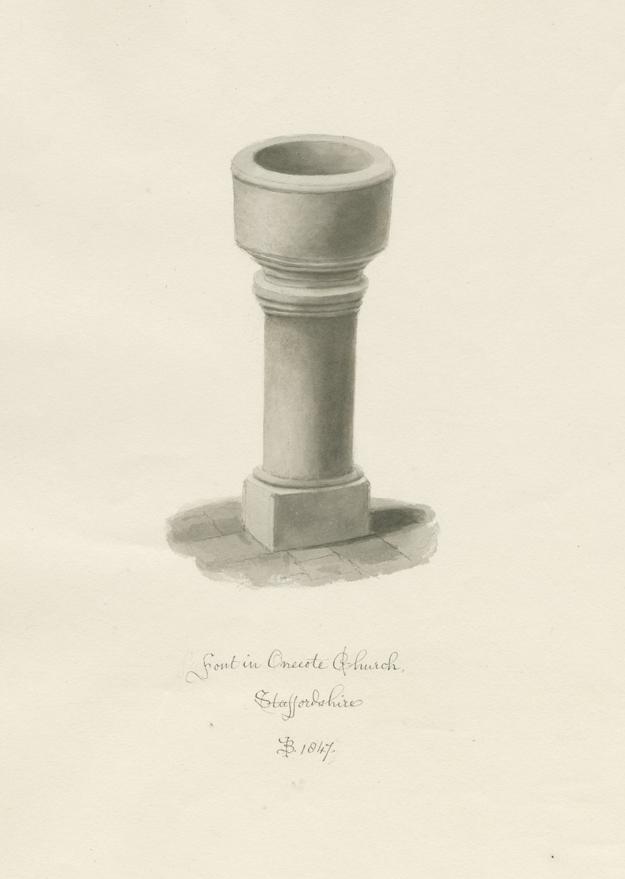 Fonte na Igreja Onecote: desenho sépia, 1847 de John Buckler