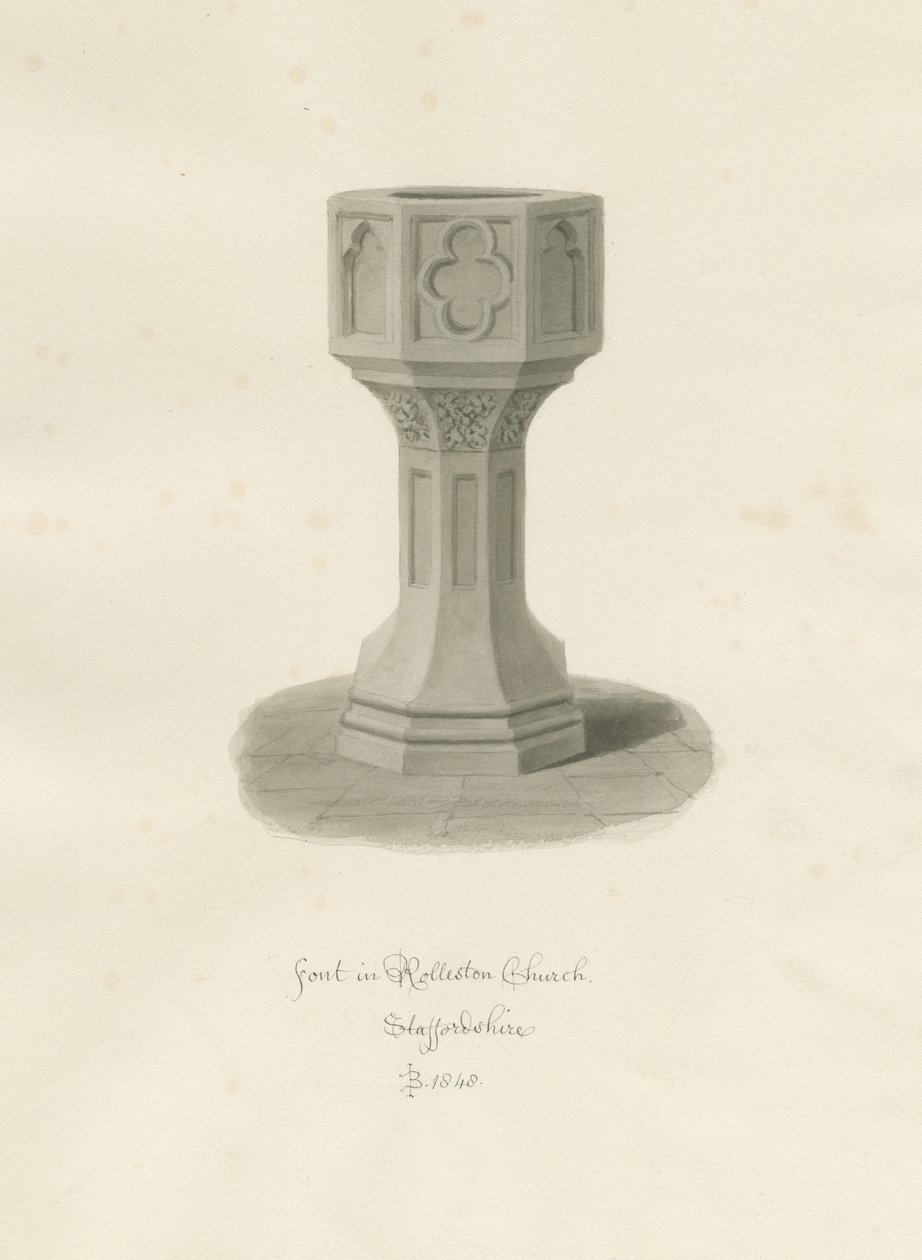 Fonte na Igreja de Rolleston: desenho sépia, 1848 de John Buckler