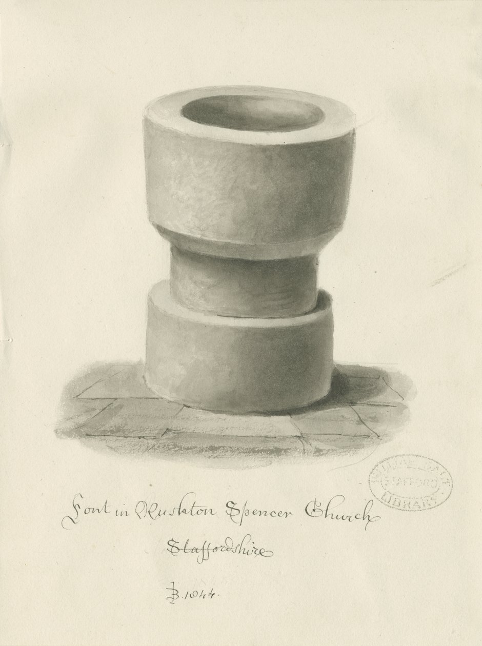 Fonte na Igreja Rushton Spencer: desenho de lavagem sépia de John Buckler