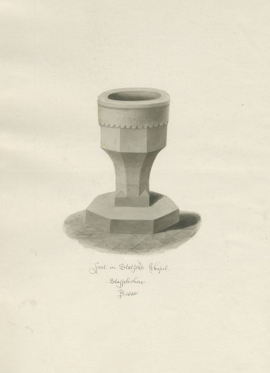 Fonte na capela de Statfold: desenho em sépia, 1848 de John Buckler