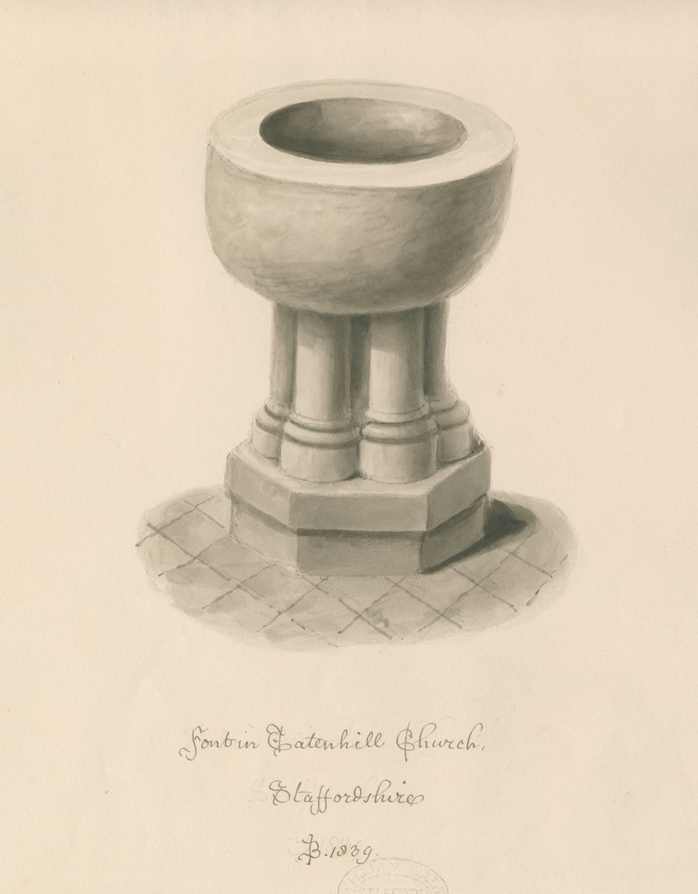 Fonte na Igreja de Tatenhill: desenho de lavagem sépia de John Buckler