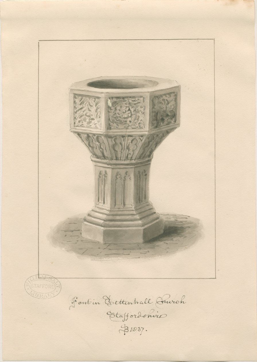 Fonte na Igreja Tettenhall: desenho sépia de John Buckler