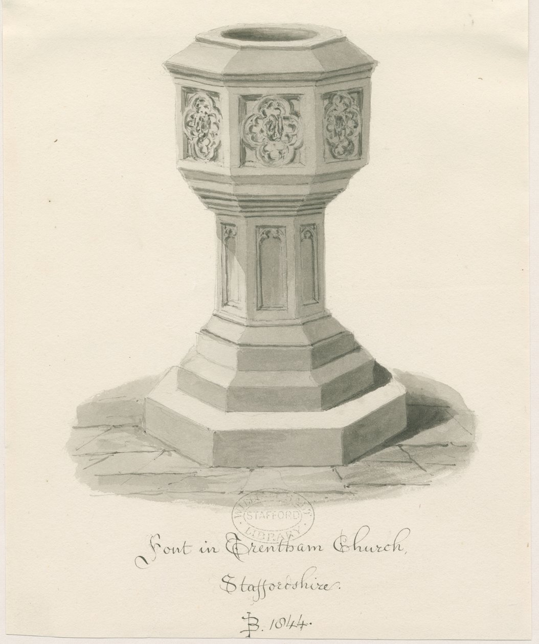 Fonte na Igreja de Trentham: desenho em sépia, 1844 de John Buckler