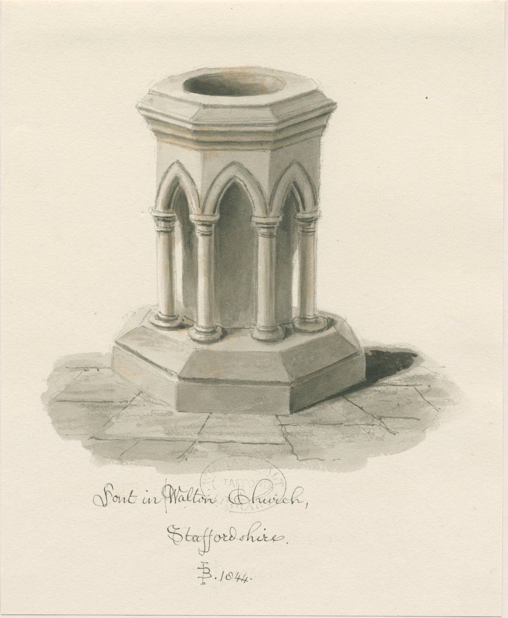 Fonte em Walton-on-the-Hill Church: desenho de lavagem sépia de John Buckler
