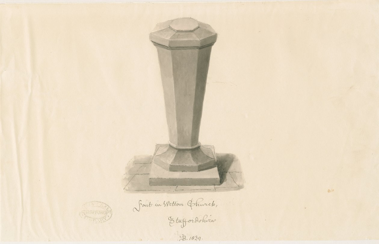 Fonte na Igreja de Wetton: desenho em sépia, 1839 de John Buckler