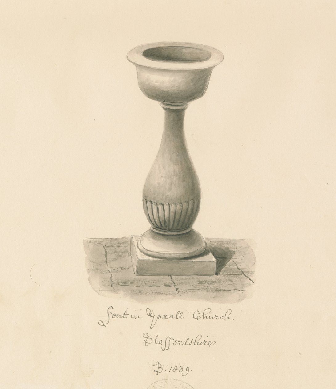 Fonte na Igreja Yoxall: desenho em sépia, 1839 de John Buckler