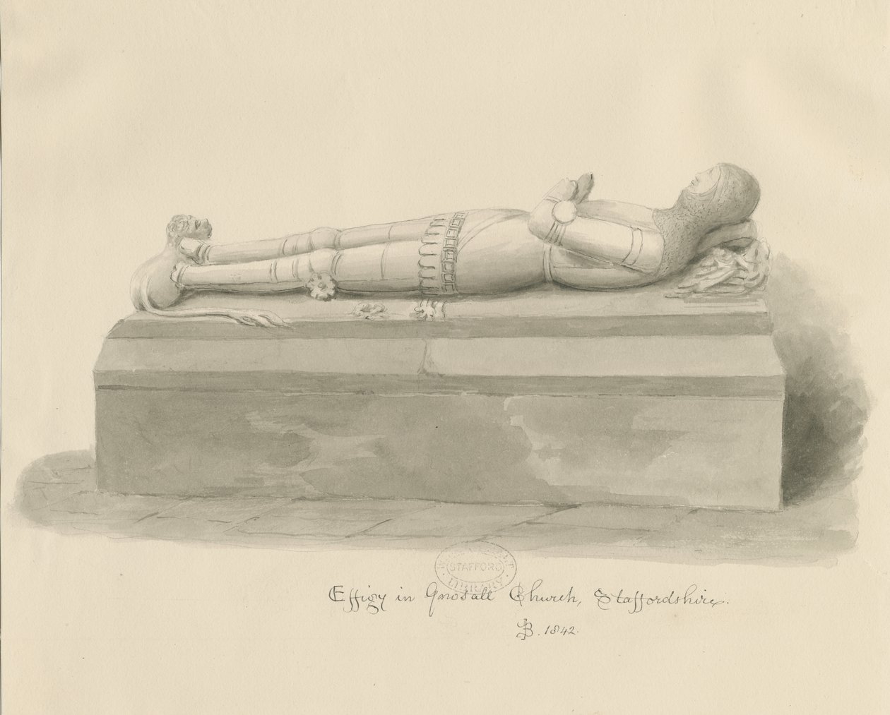 Igreja Gnosall - Effigy: desenho de lavagem de John Buckler