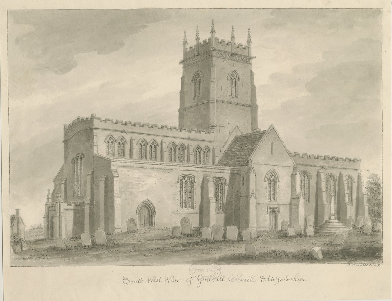 Igreja Gnosall: desenho de lavagem de John Buckler