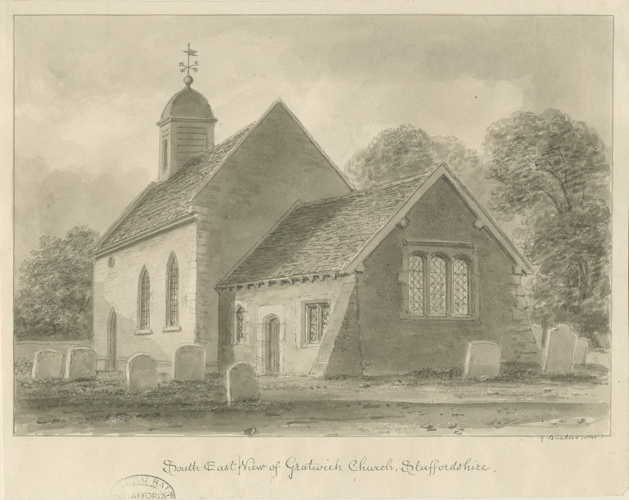 Igreja de Gratwich: desenho em sépia de John Buckler