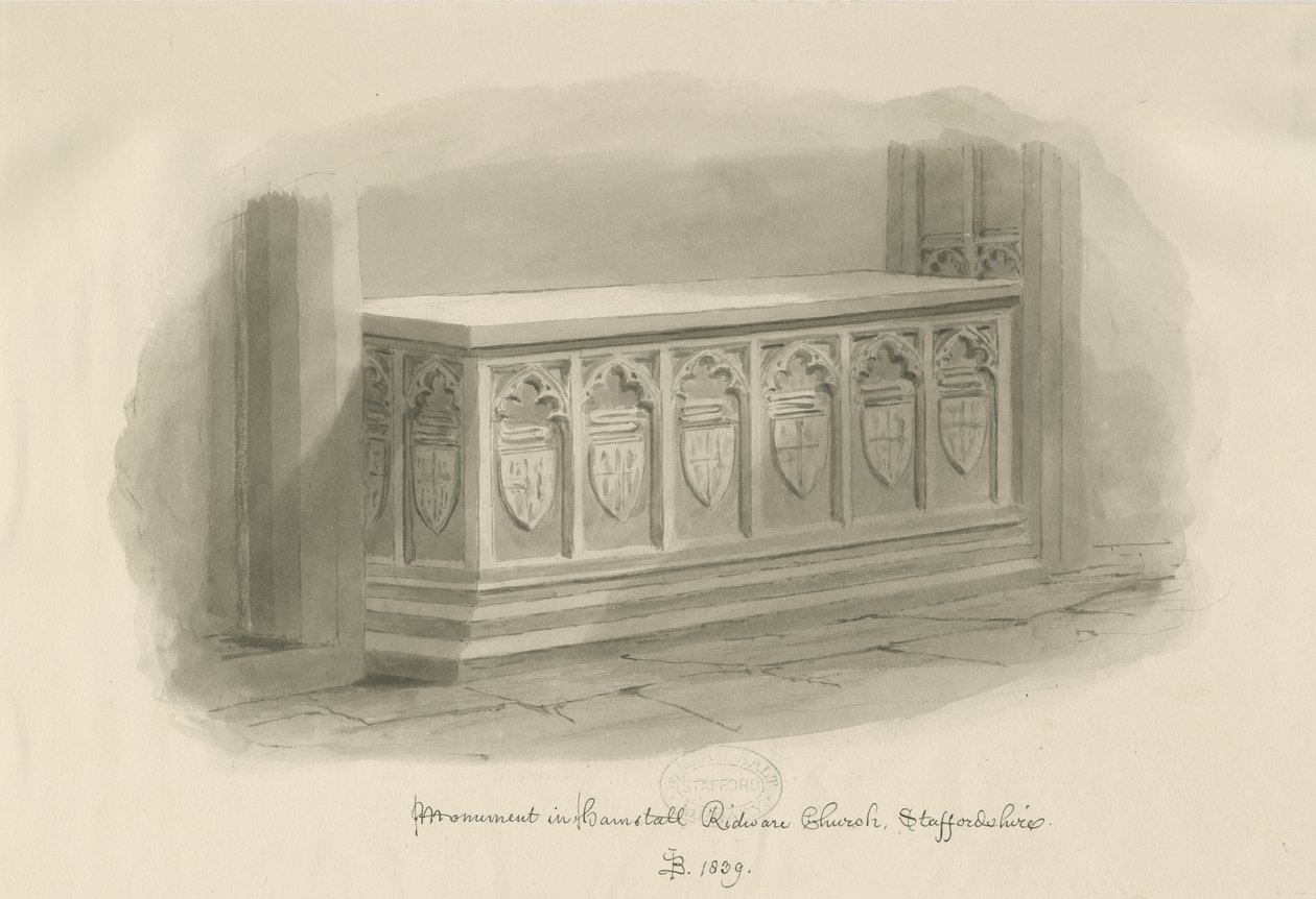 Igreja Hamstall Ridware - Monumento: desenho em sépia, 1839 de John Buckler