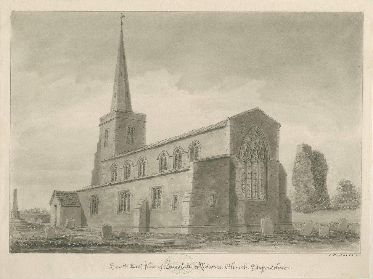Igreja Hamstall Ridware: desenho sépia de John Buckler