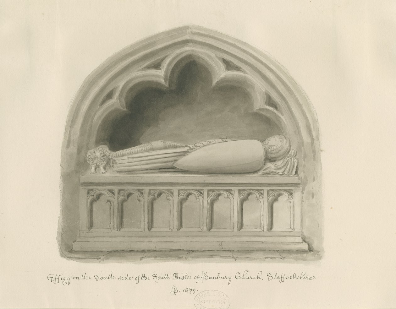 Igreja de Hanbury - efígie [de Sir John Hanbury]: desenho em sépia de John Buckler