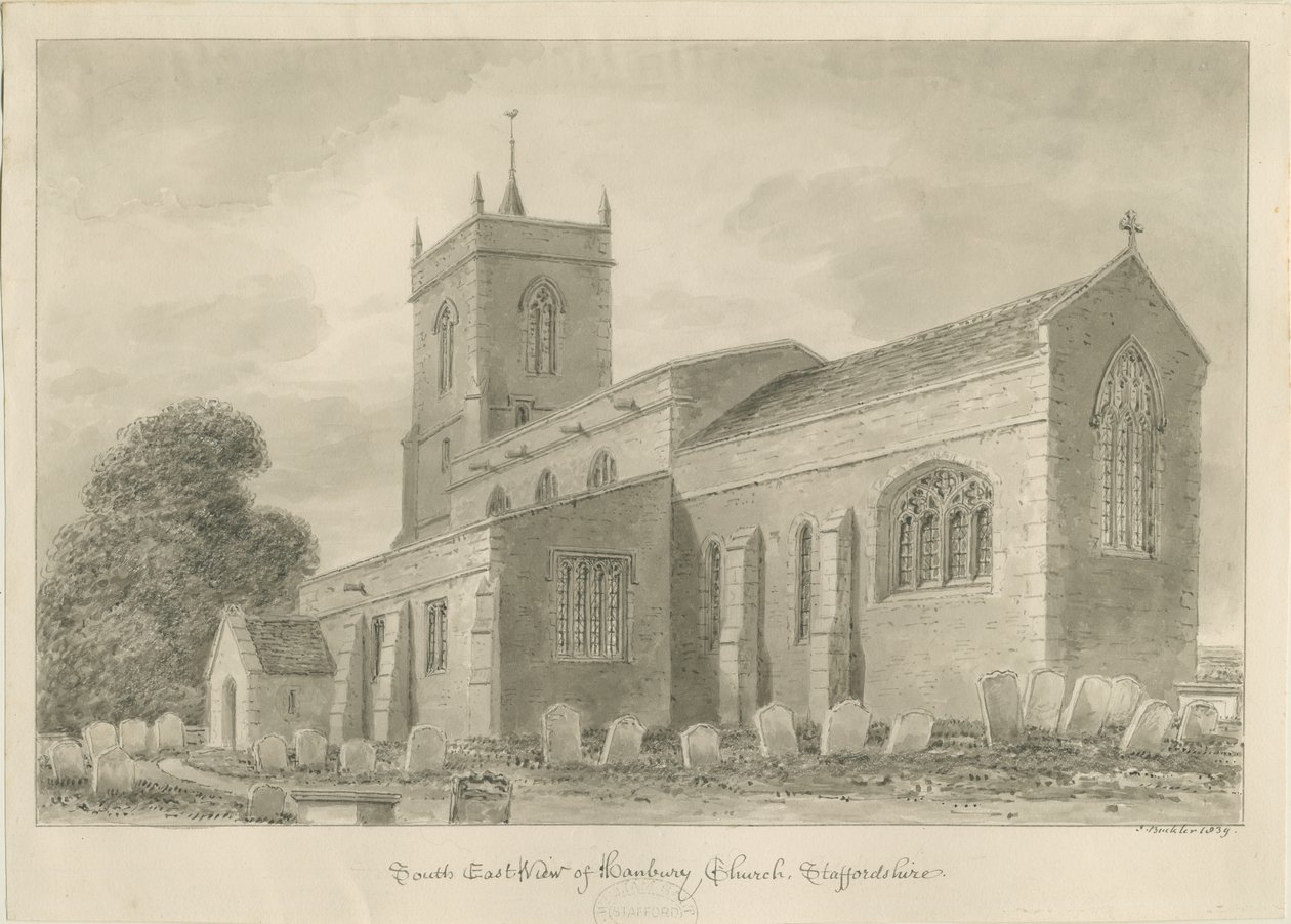Igreja de Hanbury: desenho de lavagem sépia de John Buckler