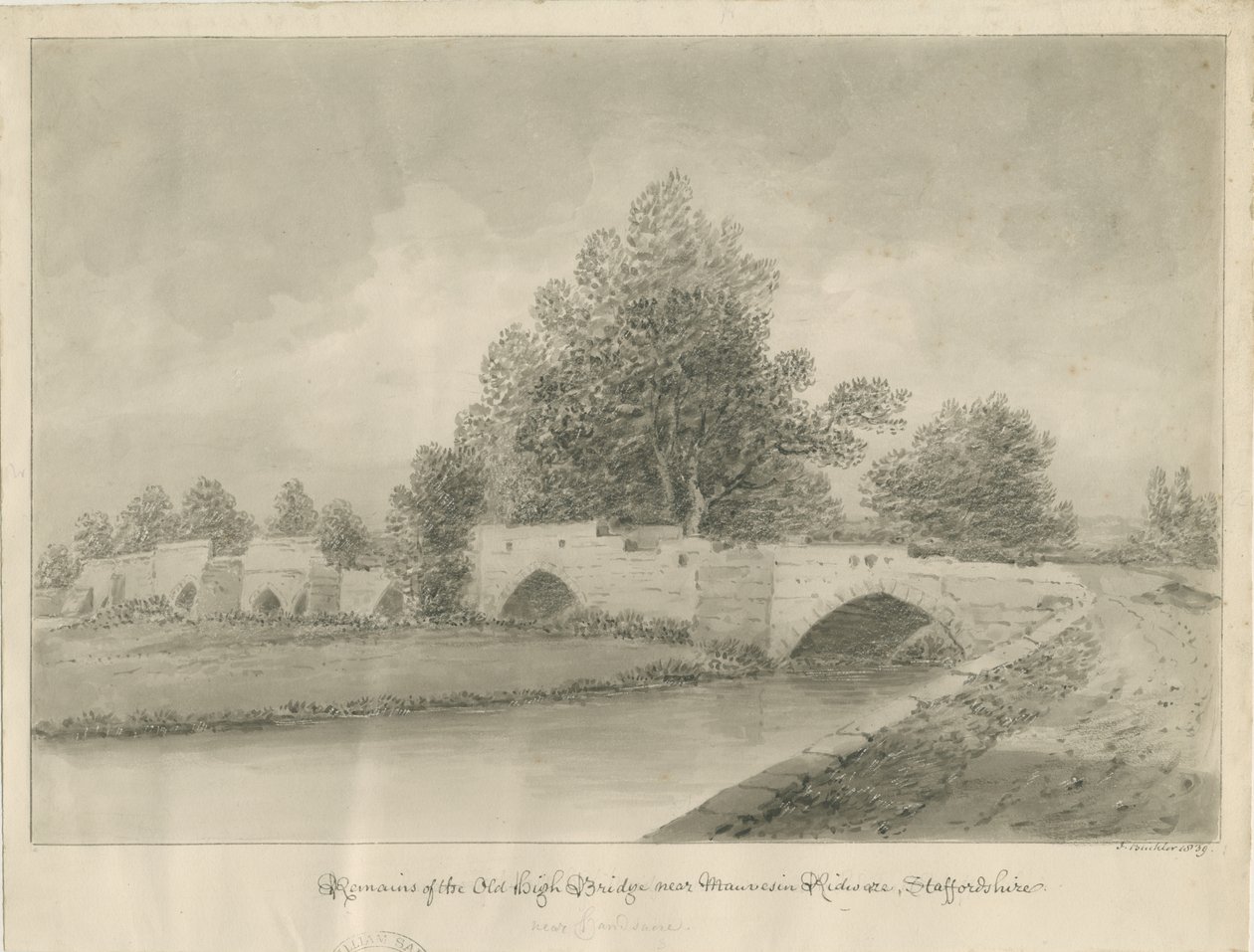 Handsacre - Ponte Alta Velha: desenho em sépia, 1839 de John Buckler