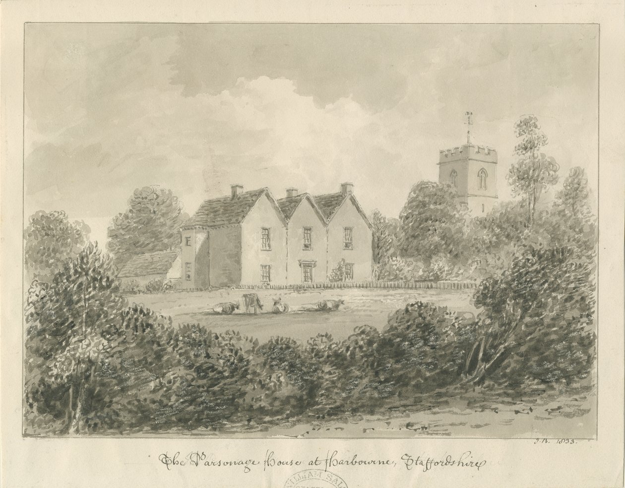 Harborne - Parsonage: desenho em sépia, 1833 de John Buckler