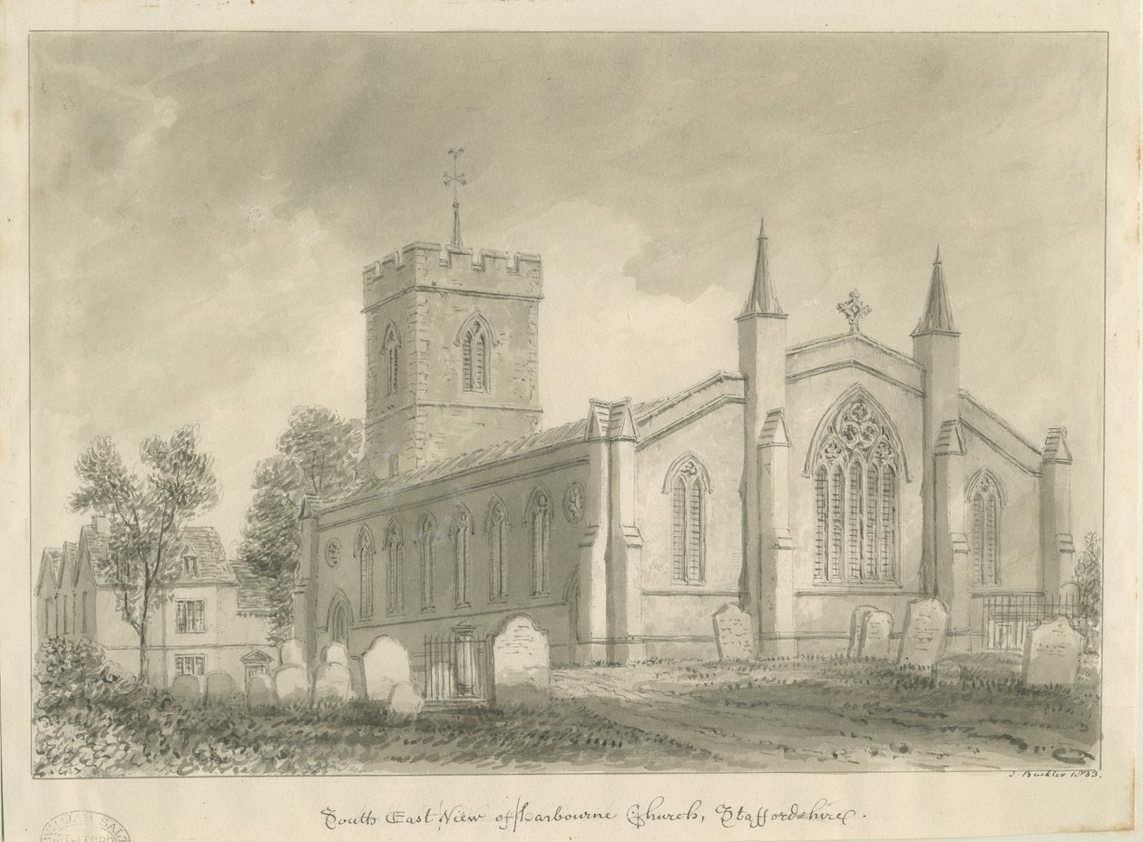 Igreja Harborne: desenho sépia de John Buckler