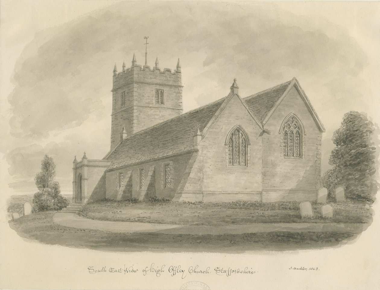 Igreja High Offley: desenho em sépia de John Buckler