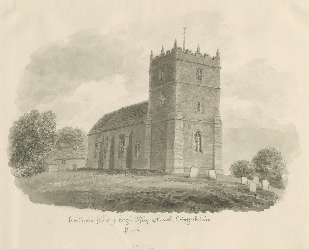 Igreja de High Offley: desenho em sépia, 1843 de John Buckler