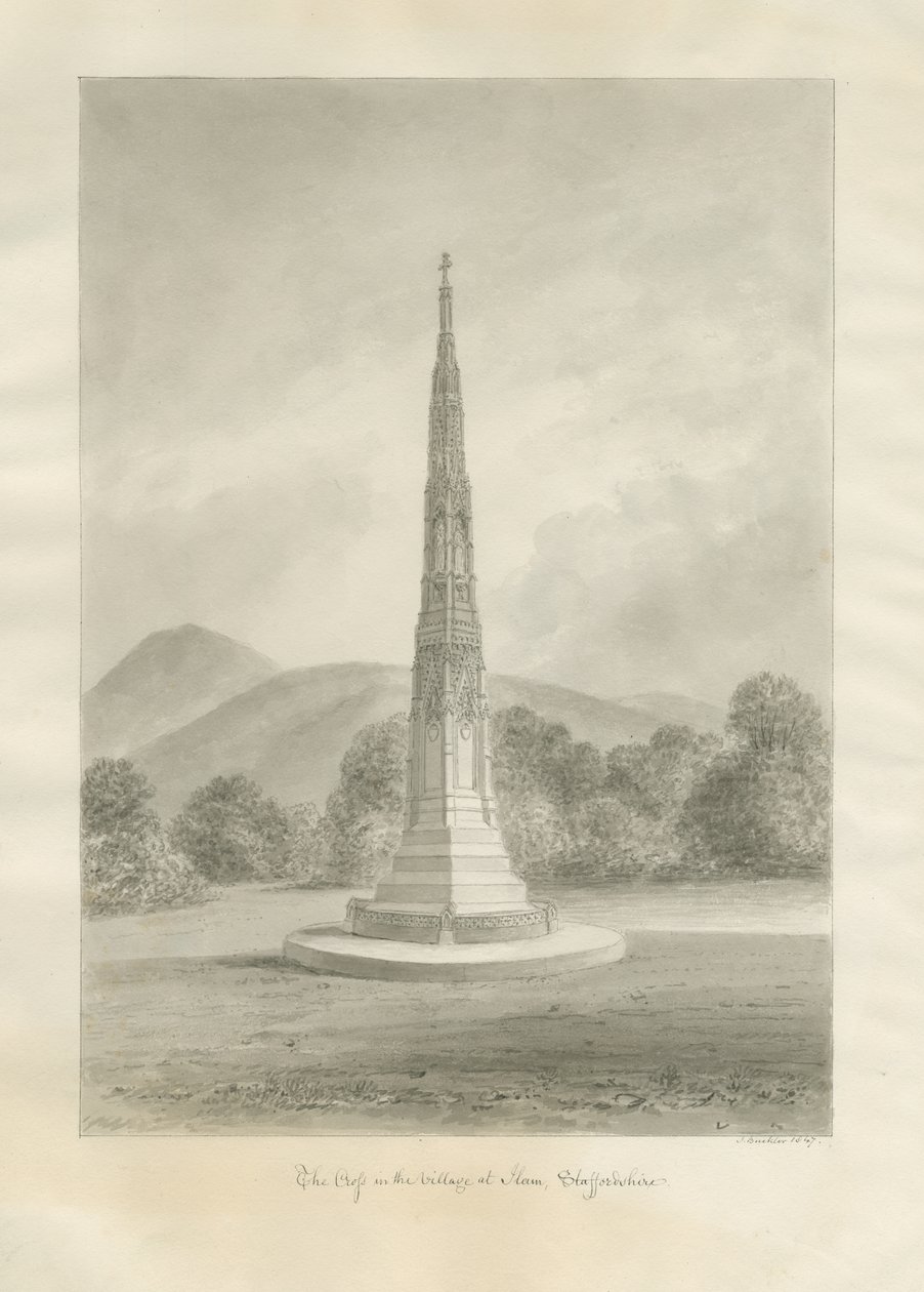 Ilam Village - Cross: desenho em sépia de John Buckler