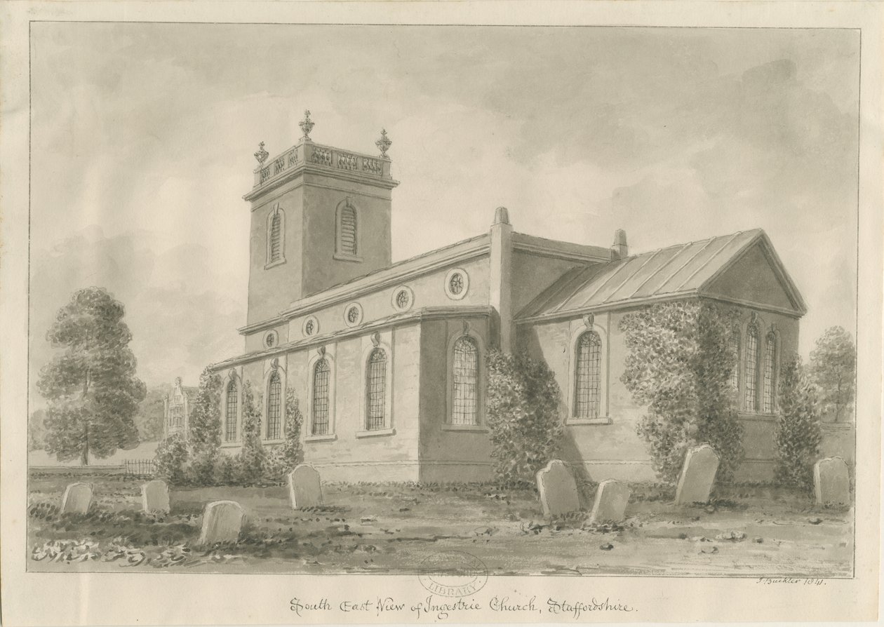 Igreja de Ingestre: desenho em sépia de John Buckler