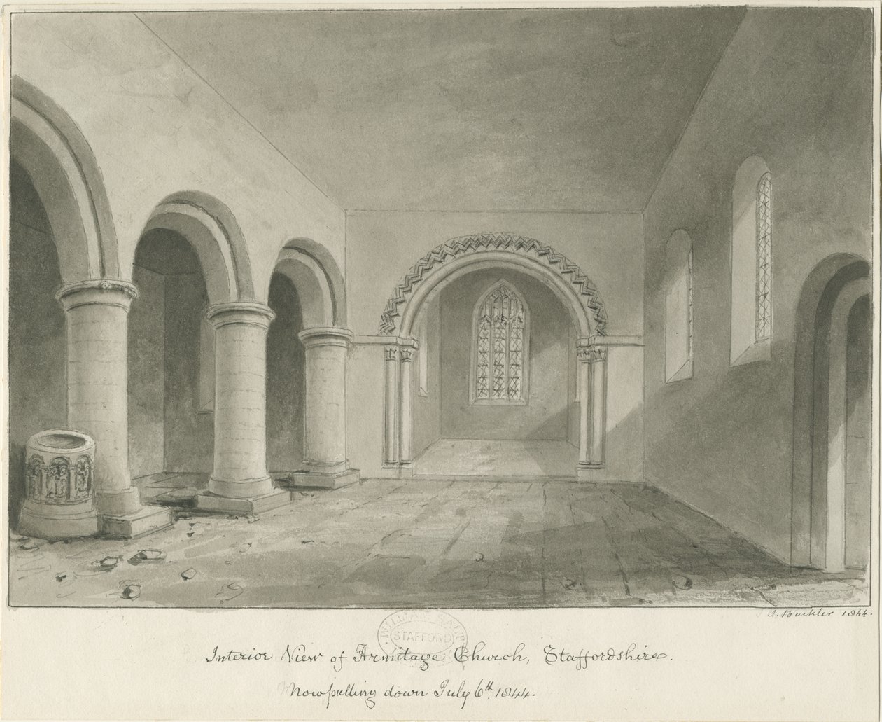 Interior da Igreja de Armitage: desenho em sépia, 6 de julho de 1844 de John Buckler