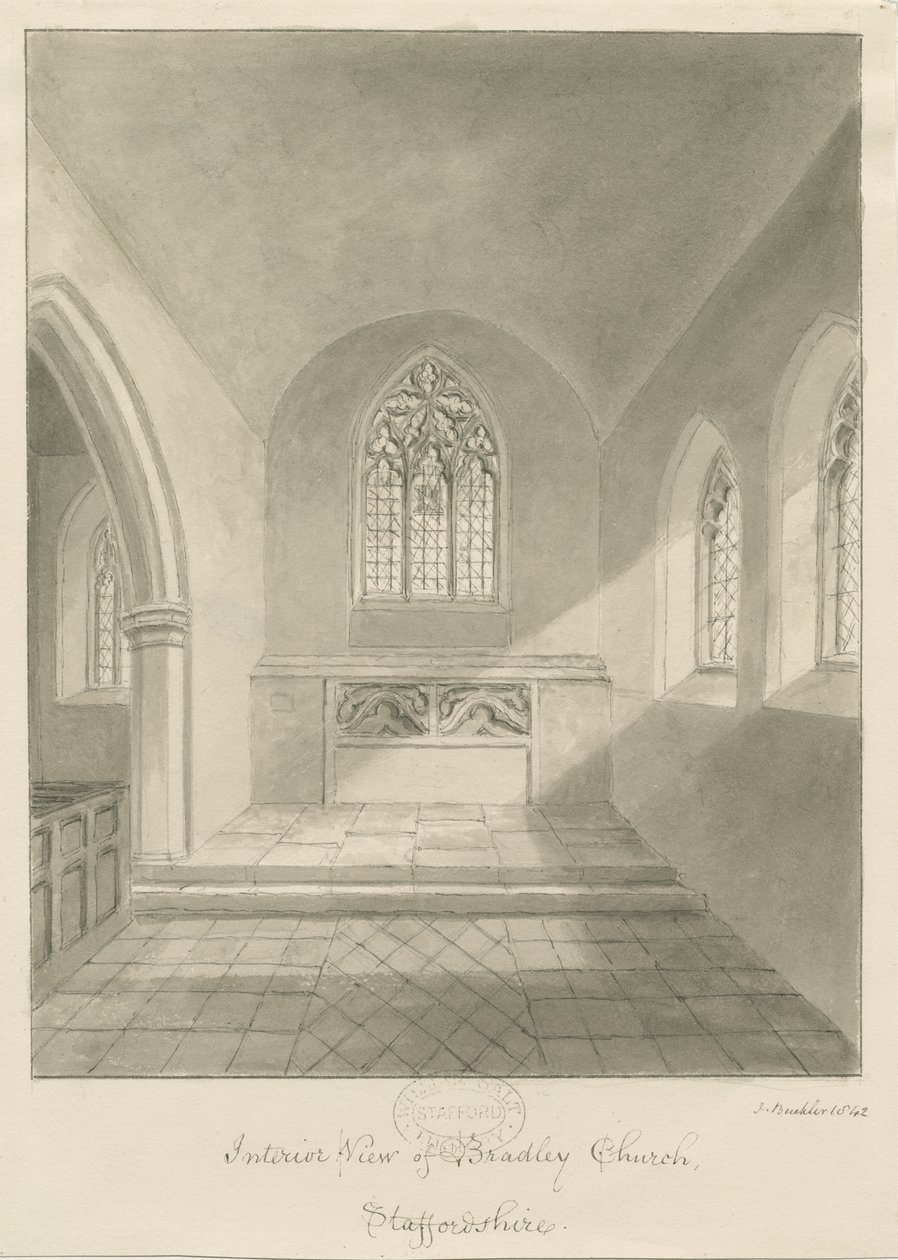 Interior da Igreja de Bradley: desenho em sépia, 1842 de John Buckler