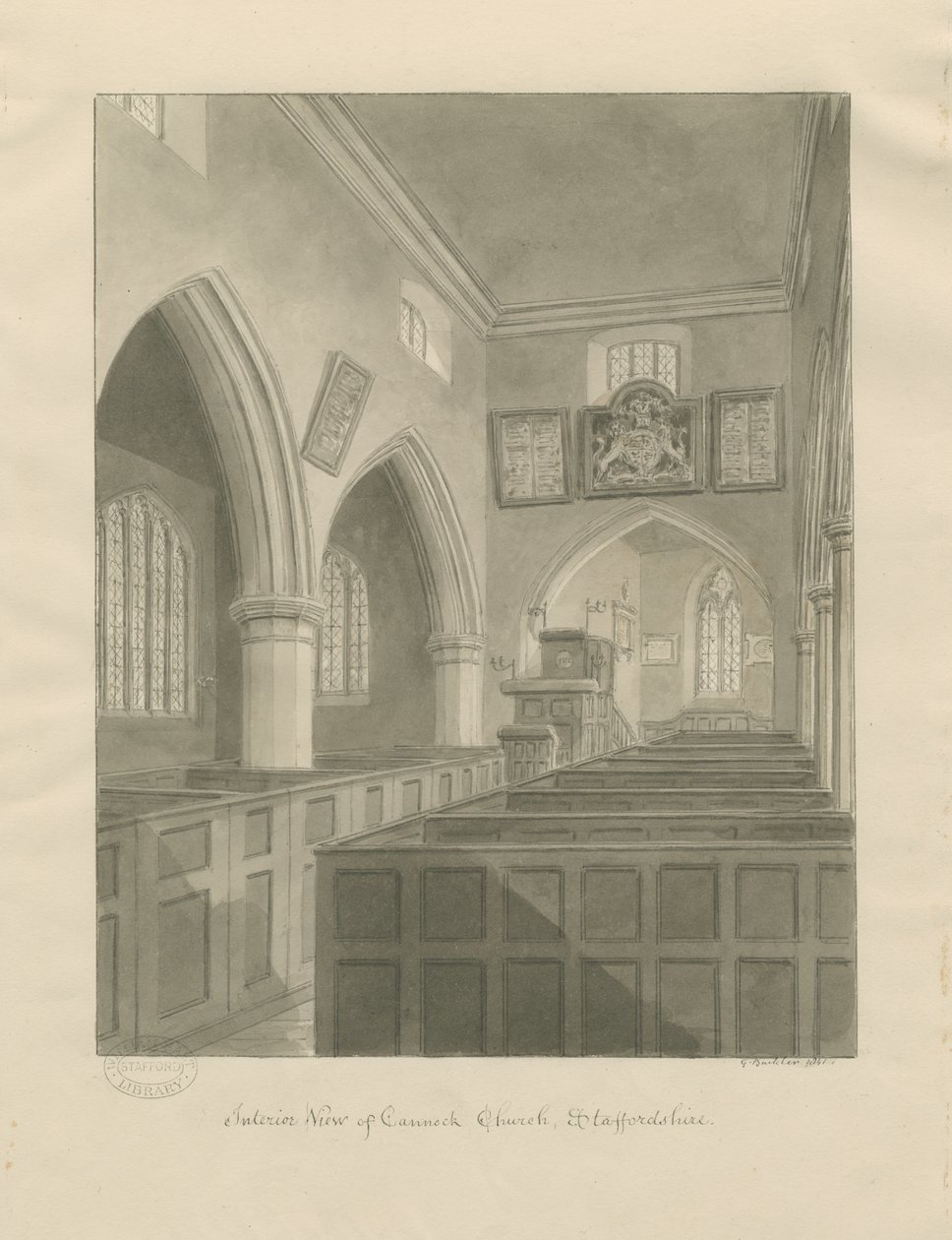 Interior da Igreja Cannock: desenho sépia de John Buckler