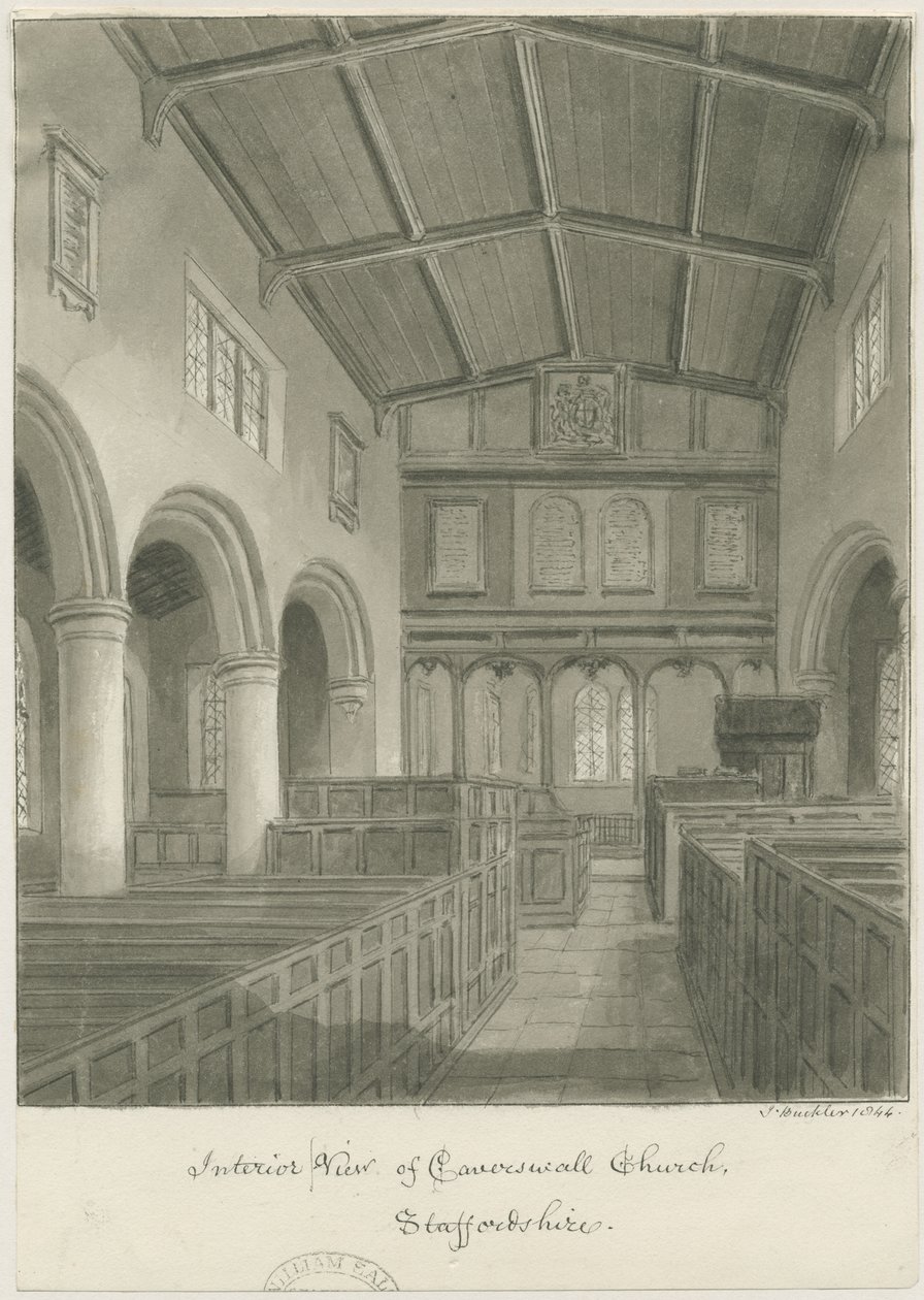 Interior da Igreja Caverswall: desenho sépia de John Buckler