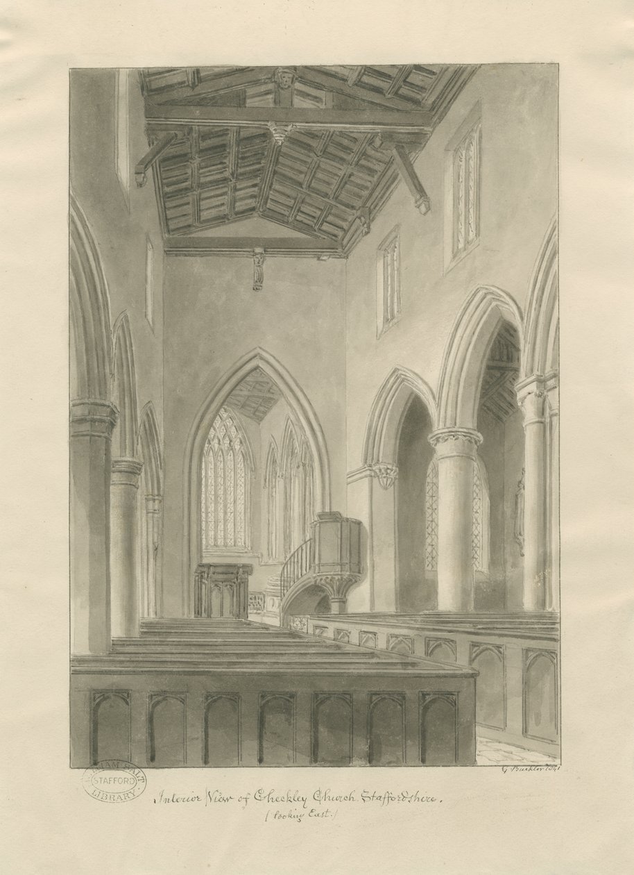 Interior da Igreja de Checkley: desenho sépia de John Buckler