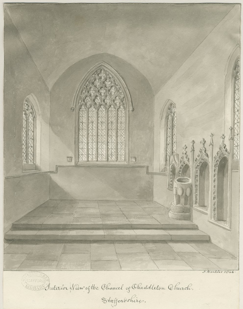 Interior da Igreja de Cheddleton: desenho sépia de John Buckler