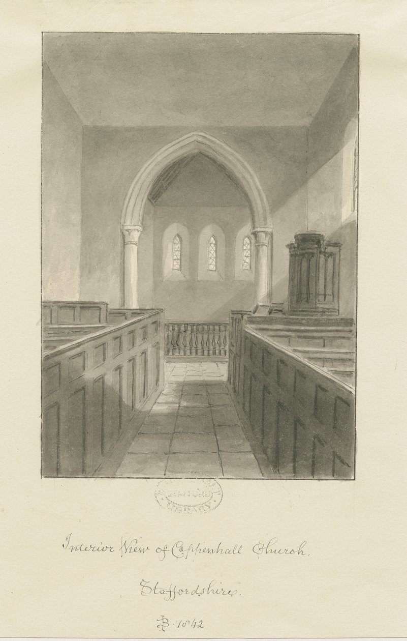 Interior da Igreja de Coppenhall: desenho sépia de John Buckler