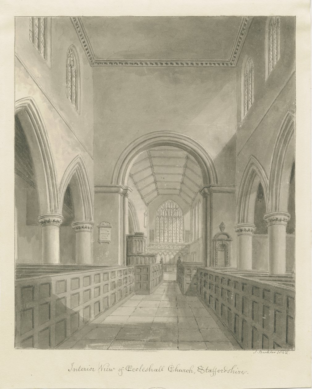Interior da Igreja Eccleshall: desenho em sépia, 1842 de John Buckler