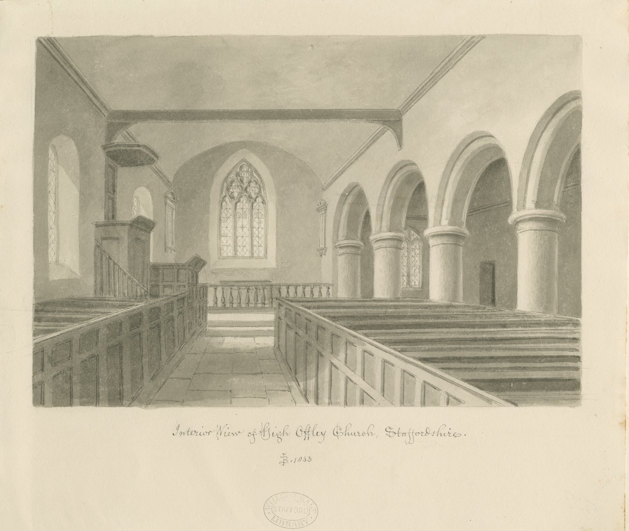 Interior da Igreja High Offley: desenho em sépia de John Buckler