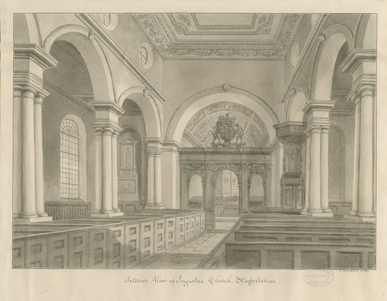 Interior da Igreja Ingestre: desenho sépia de John Buckler
