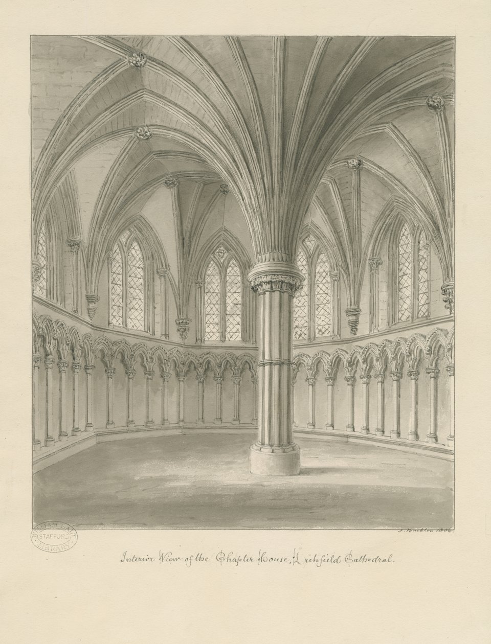 Interior da Catedral de Lichfield - Casa Capitular: desenho sépia de John Buckler