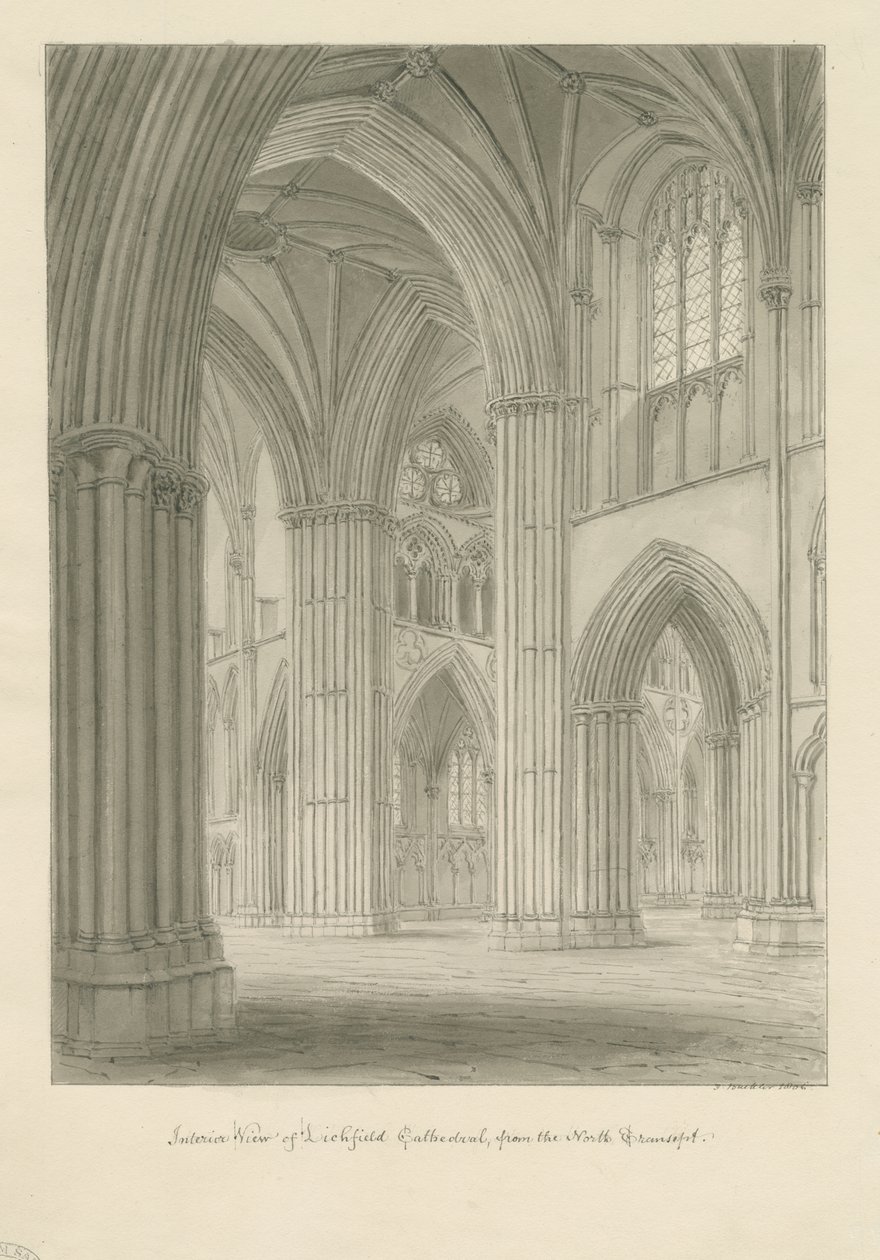 Interior da Catedral de Lichfield - Travessia do Transepto Norte: desenho em sépia de John Buckler