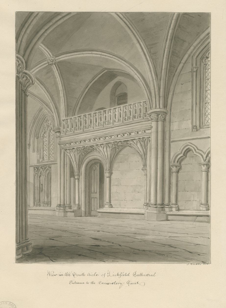 Interior da Catedral de Lichfield - Entrada do Tribunal de Consistório: desenho sépia de John Buckler