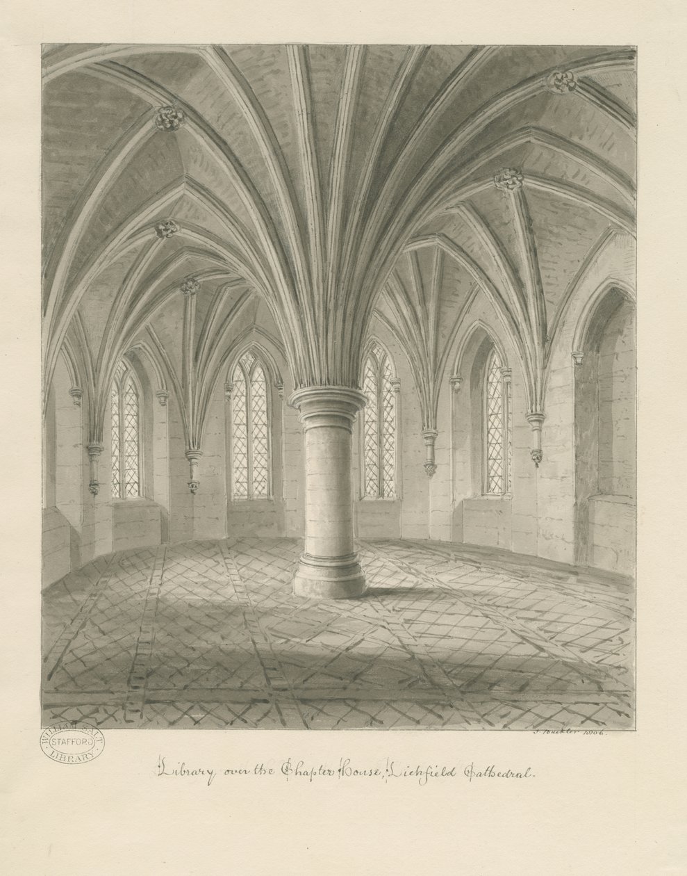 Interior da Catedral de Lichfield - Biblioteca acima da Casa do Capítulo: desenho sépia de John Buckler