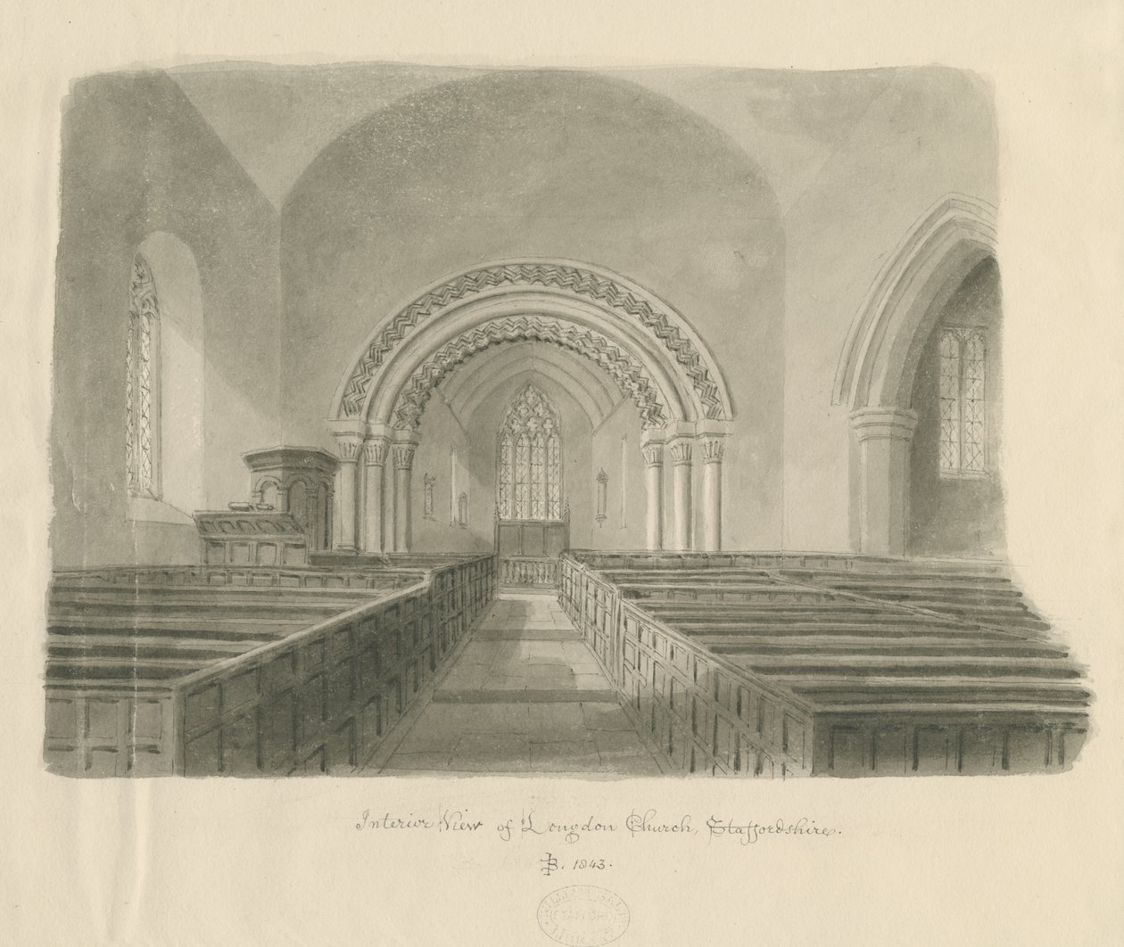 Interior da Igreja de Longdon: desenho sépia de John Buckler