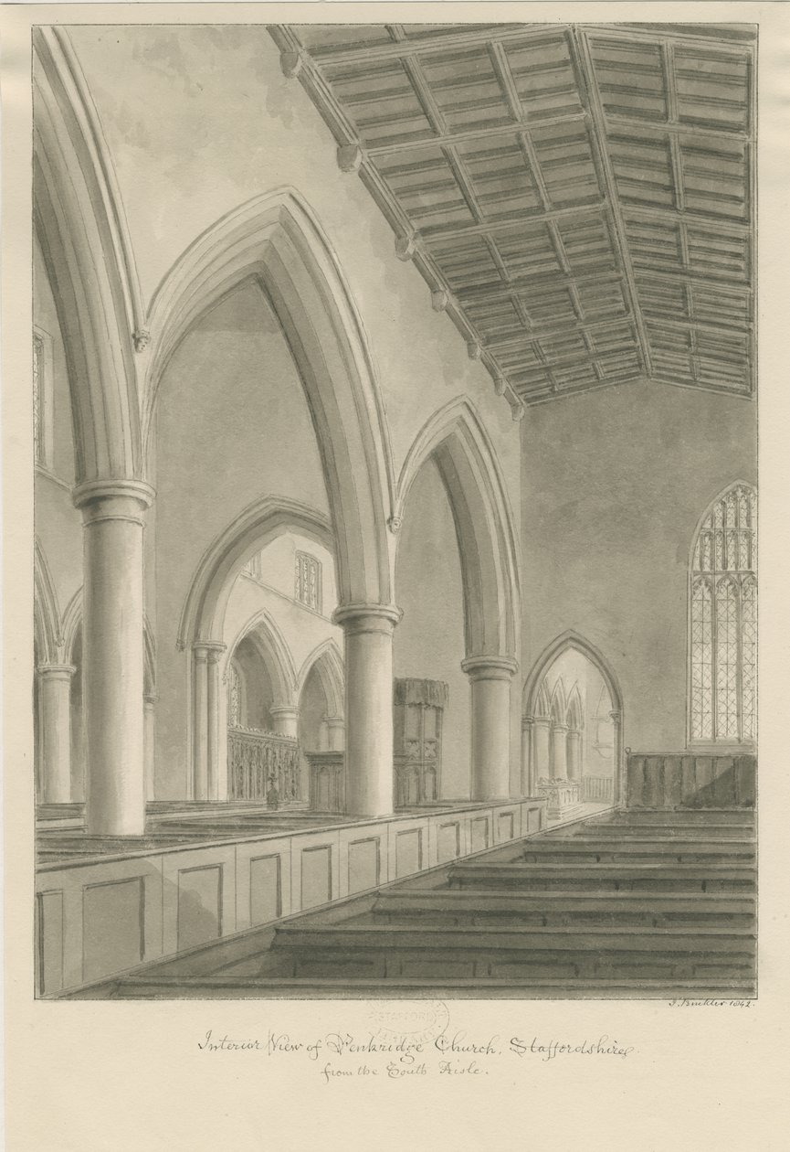 Interior da Igreja de Penkridge: desenho sépia de John Buckler