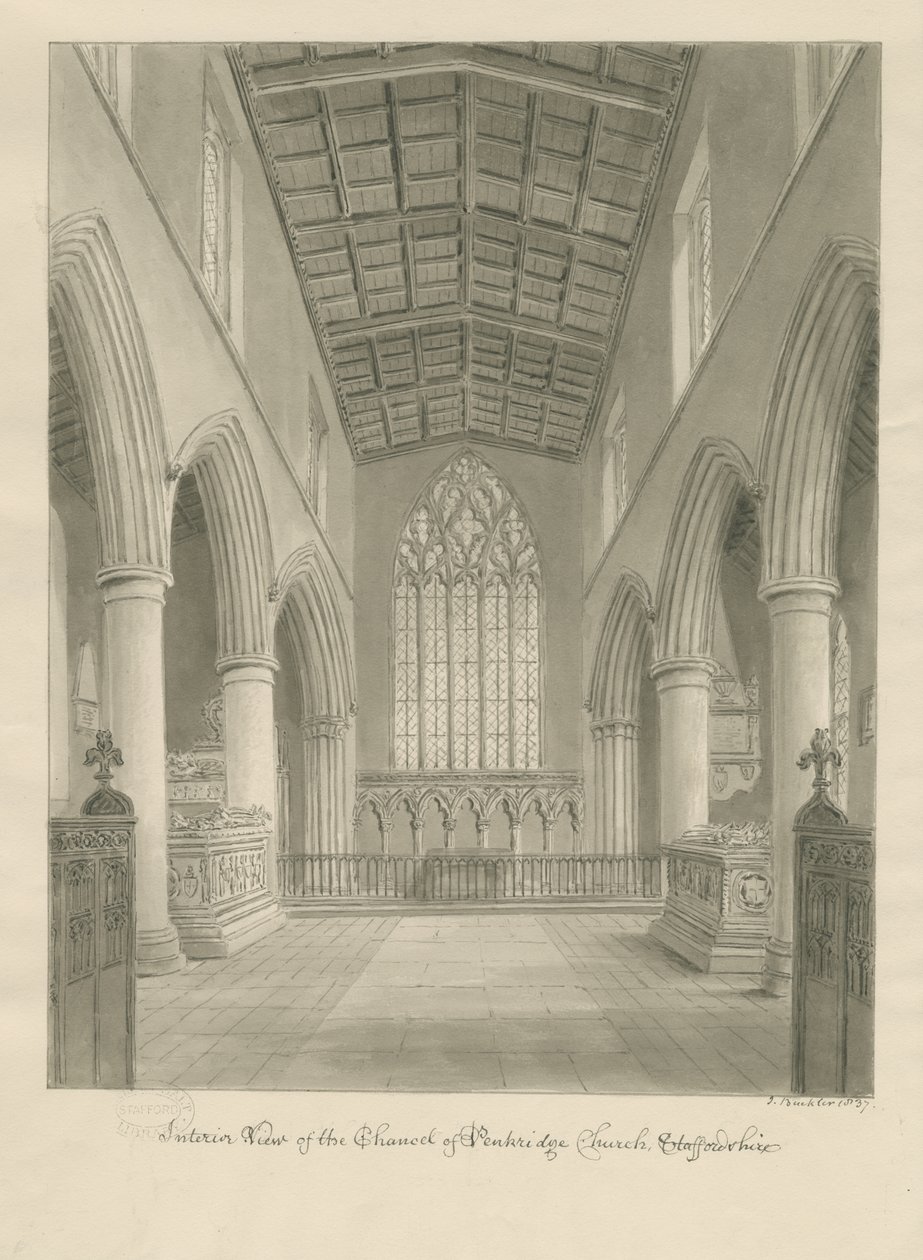 Interior da Igreja de Penkridge: desenho sépia de John Buckler