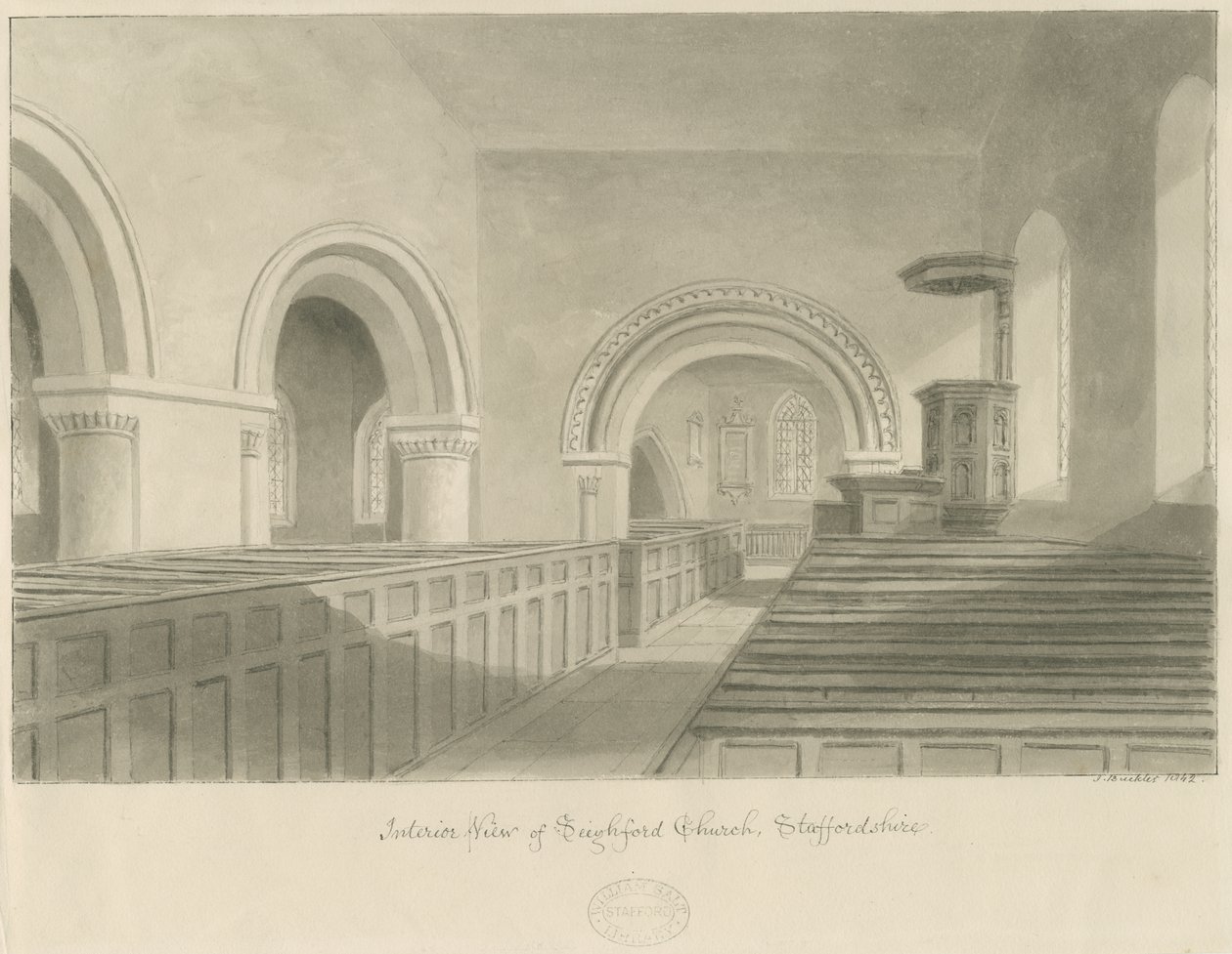 Interior da Igreja de Seighford: desenho sépia de John Buckler