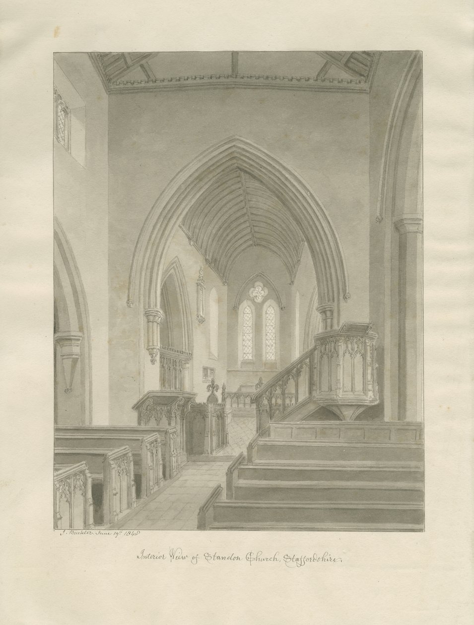 Interior da Igreja Standon: desenho sépia de John Buckler