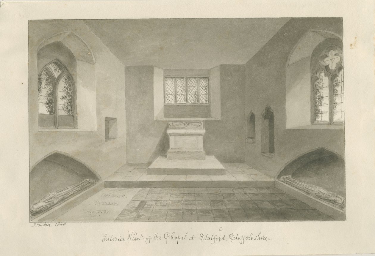 Interior da capela Statfold: desenho em sépia de John Buckler