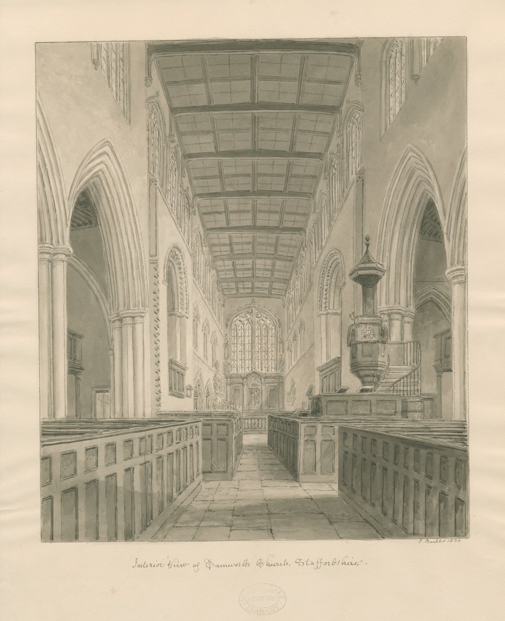 Interior da Igreja de Tamworth: desenho em sépia de John Buckler