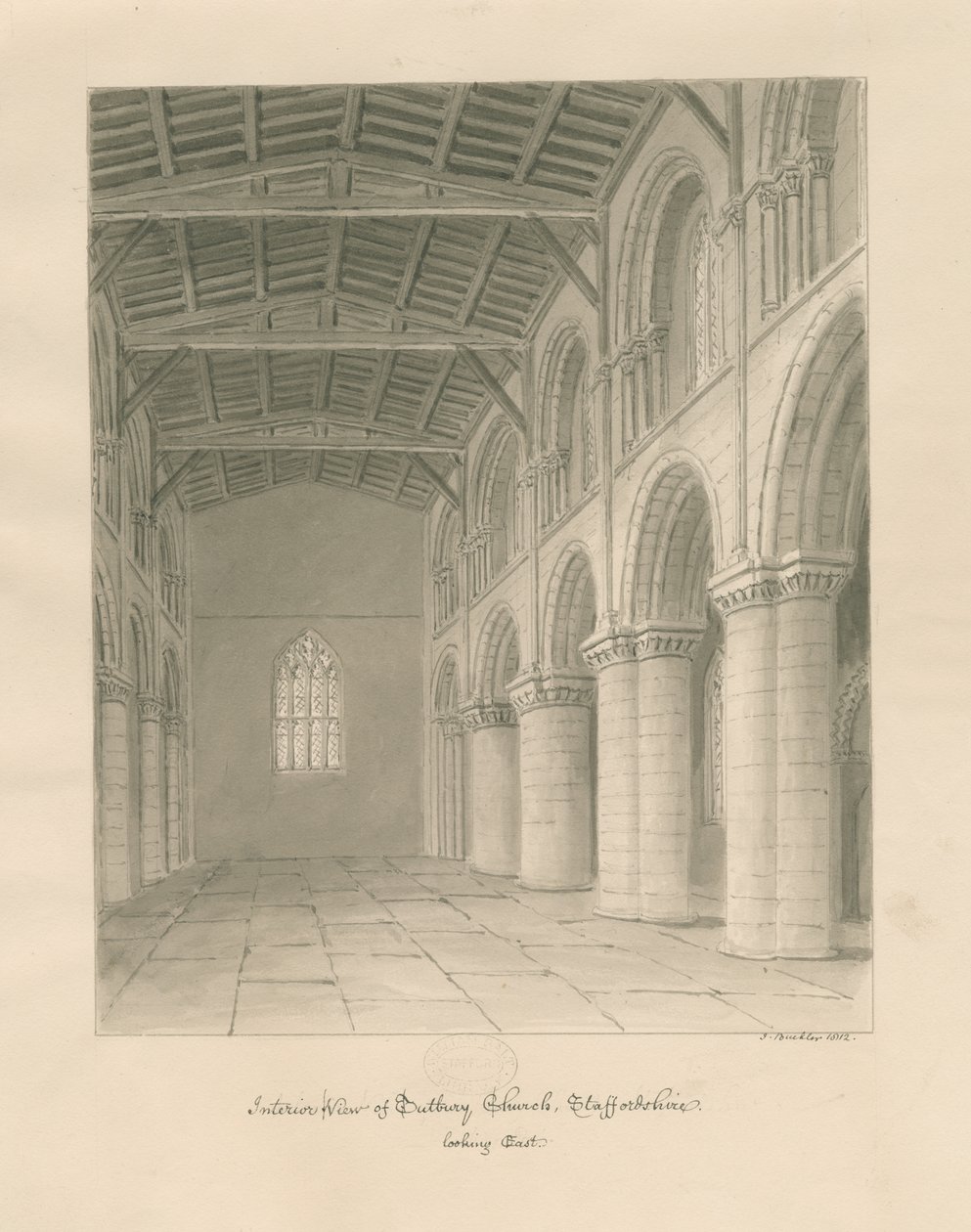 Interior da Igreja do Priorado de Tutbury: desenho de lavagem sépia de John Buckler