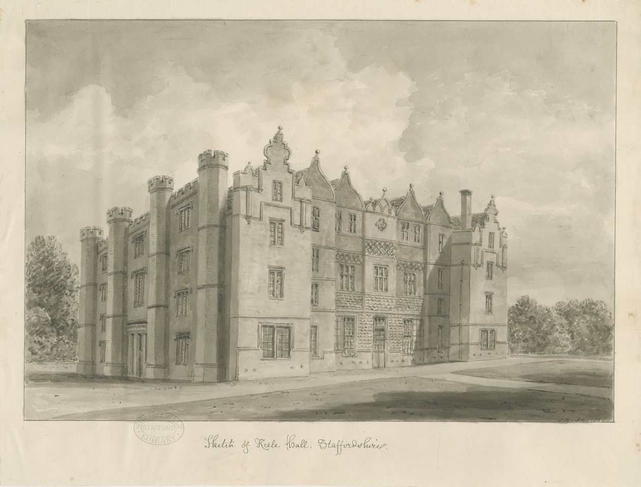 Keele Hall: desenho sépia de John Buckler