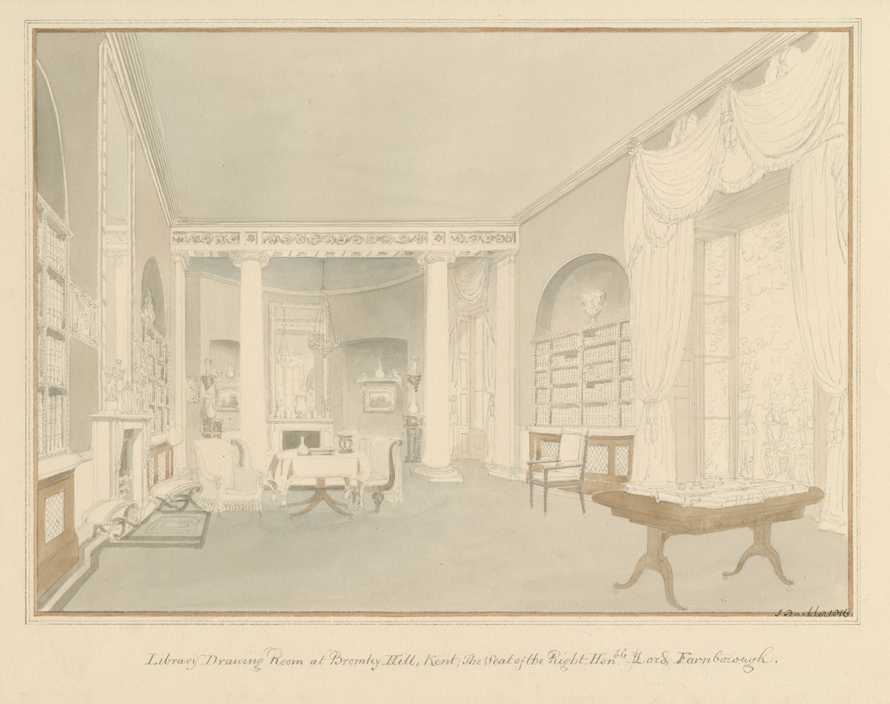 Kent - Bromley Hill - interior da sala de biblioteca, 1816 de John Buckler
